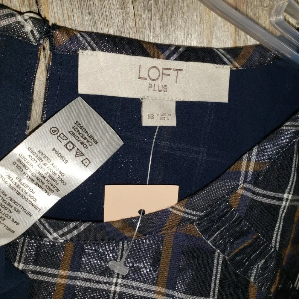 NEW Loft 18W Blue Shimmer Plaid Ruffle Peasant Top - Picture 6 of 6